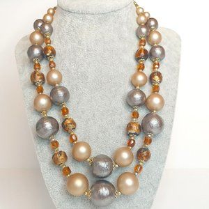 Vintage Double-Strand Silver/Bronze/Amber Colored Beaded Bib-style Necklace
